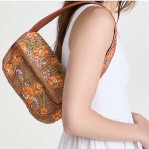 STAUD Raffia Brown and Orange Floral Shoulder Bag